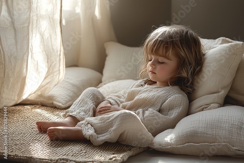 A child rests quietly on a cozy mat, eyes closed, surrounded by soft pillows