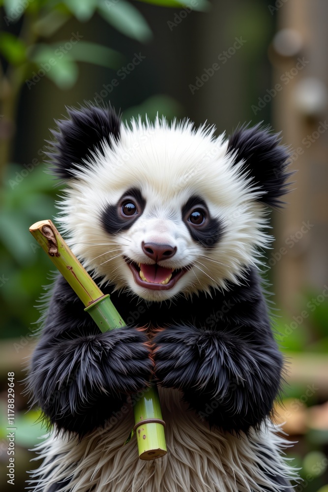 Fototapeta premium Adorable Giant Panda Cub Holding Bamboo Close Up Portrait