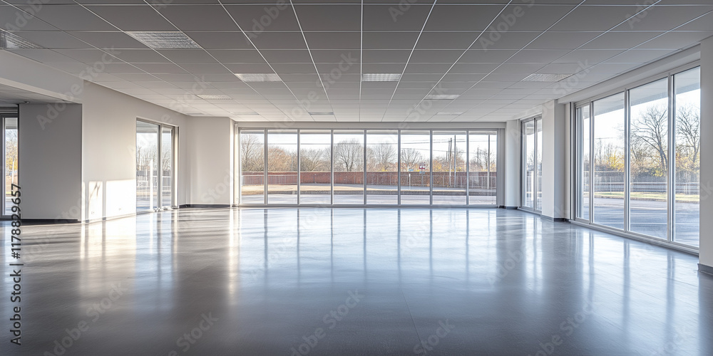 Fototapeta premium Empty modern office space with large windows contemporary design urban setting bright environment wide-angle viewpoint aesthetic appeal