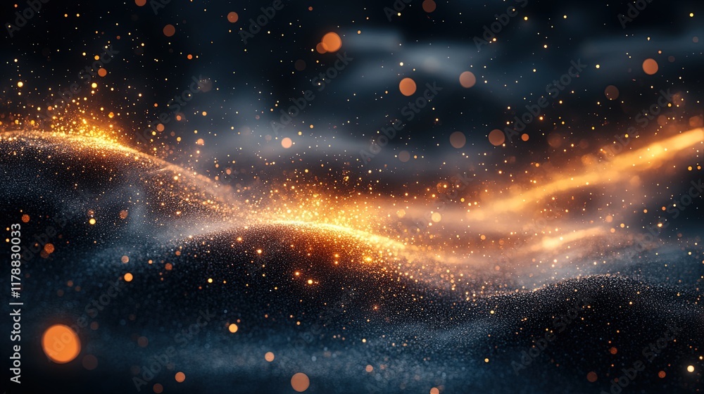 Obraz premium Abstract depiction of shimmering waves with glowing particles in a dark setting.