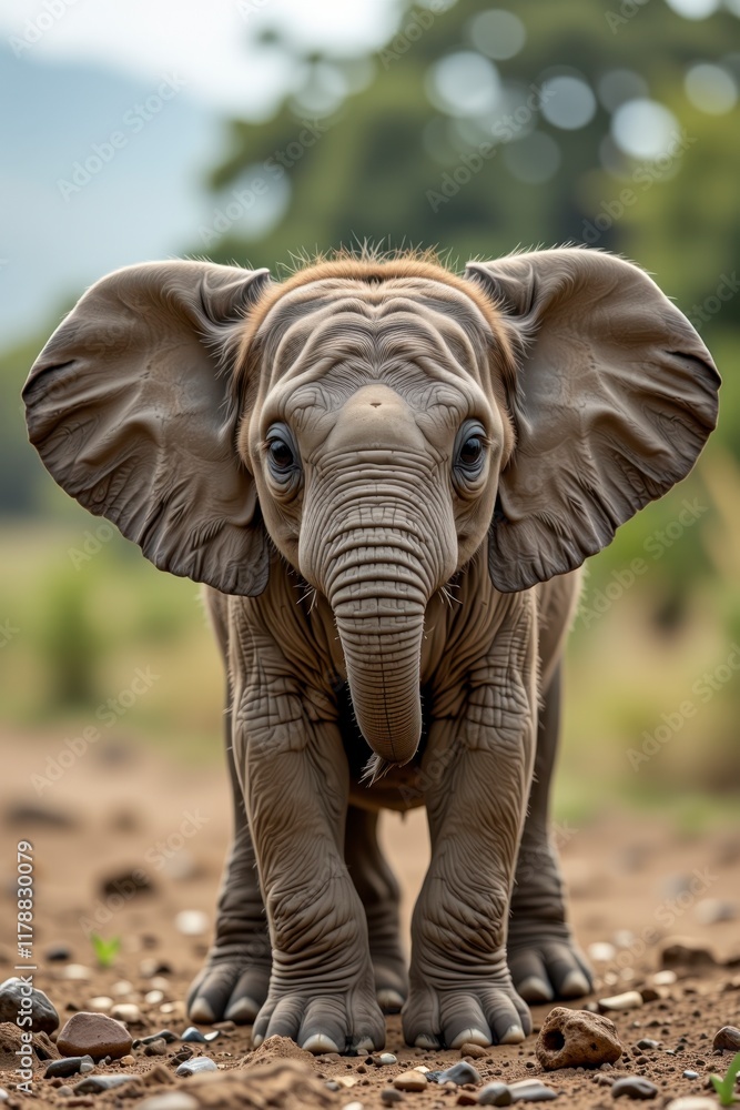 Fototapeta premium Adorable Baby African Elephant Calf Standing on Dusty Path in Savanna
