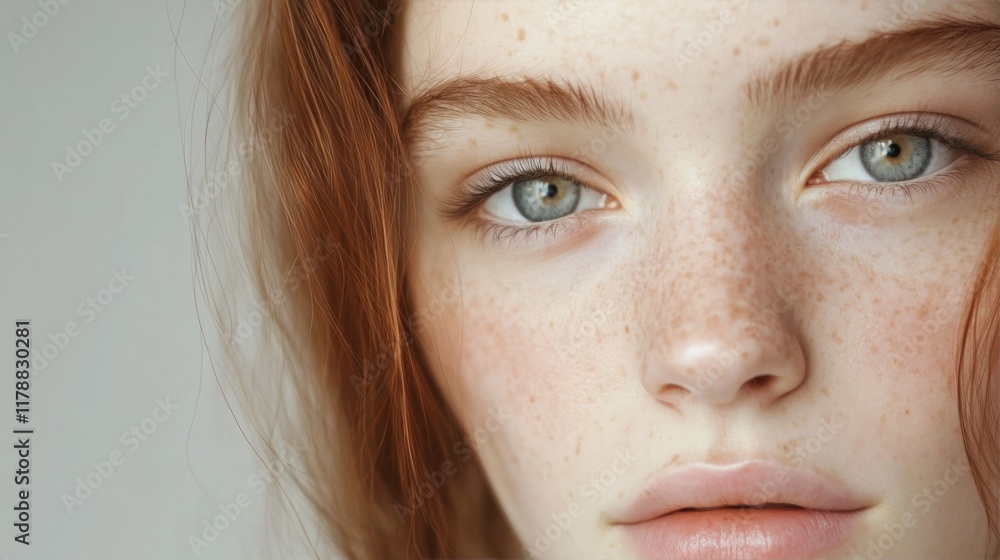 Fototapeta premium Close-up portrait of a young woman with freckles and red hair, looking at the camera.