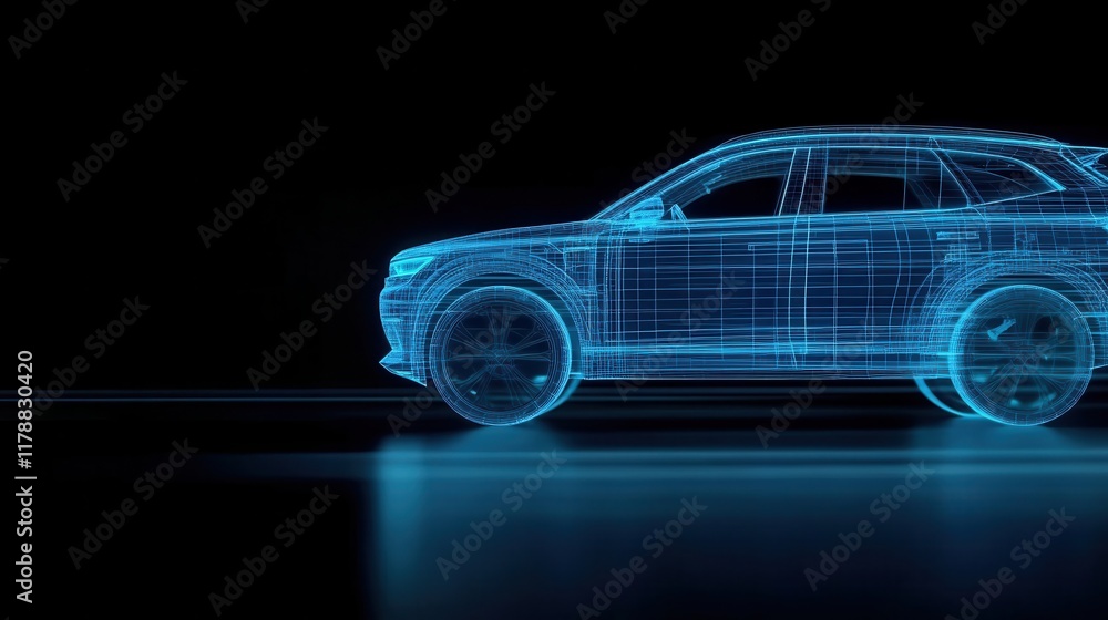 Naklejka premium Advanced fluid flow analysis software applied to an electric SUV prototype in a bustling automotive innovation hub