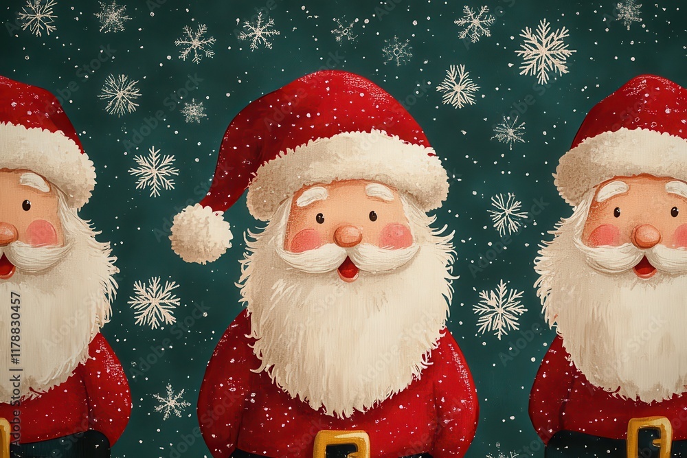 Festive Santa Claus pattern with cheerful expressions on green background adorned with snowflakes, evoking a jolly Christmas spirit Festive Santa Claus pattern with cheerful expressions on green background adorned with snowflakes, evoking a jolly Christmas spirit