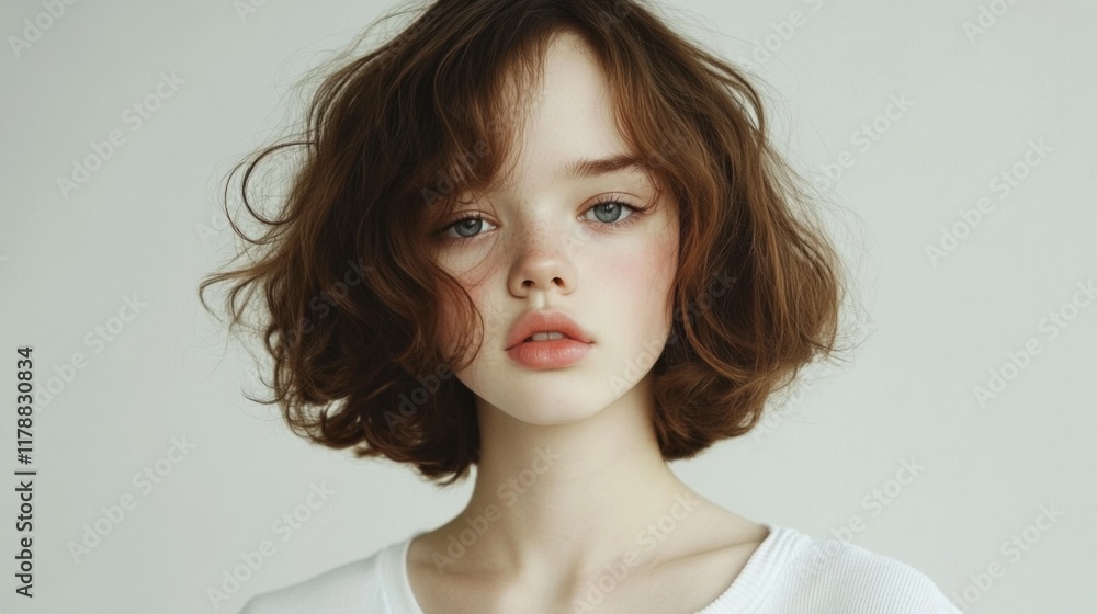 Close-up portrait of a young woman with light brown, curly hair and blue eyes, wearing a white shirt against a light grey background. Close-up portrait of a young woman with light brown, curly hair and blue eyes, wearing a white shirt against a light grey background.
