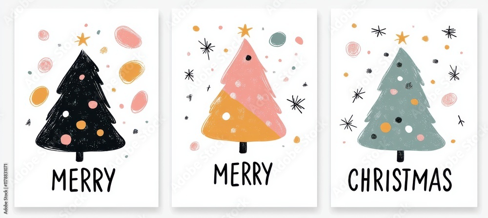 Set of three charming Christmas cards featuring whimsical holiday tree designs with festive elements and snowflakes Set of three charming Christmas cards featuring whimsical holiday tree designs with festive elements and snowflakes