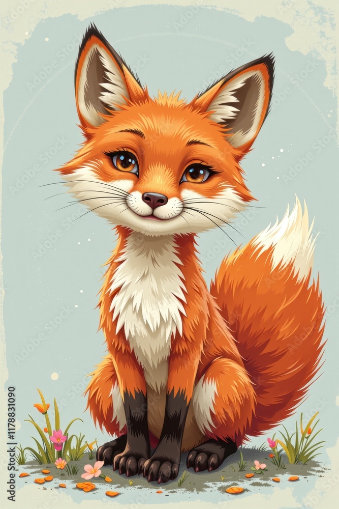 Obraz premium Adorable Cartoon Fox Illustration Sitting in Flowers Cute Wildlife Art Digital Painting