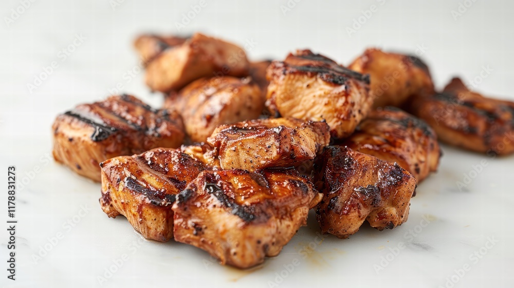 Grilled chicken pieces with crispy skin on a white background, highlighting the golden-brown color and smoky flavor elements Grilled chicken pieces with crispy skin on a white background, highlighting the golden-brown color and smoky flavor elements