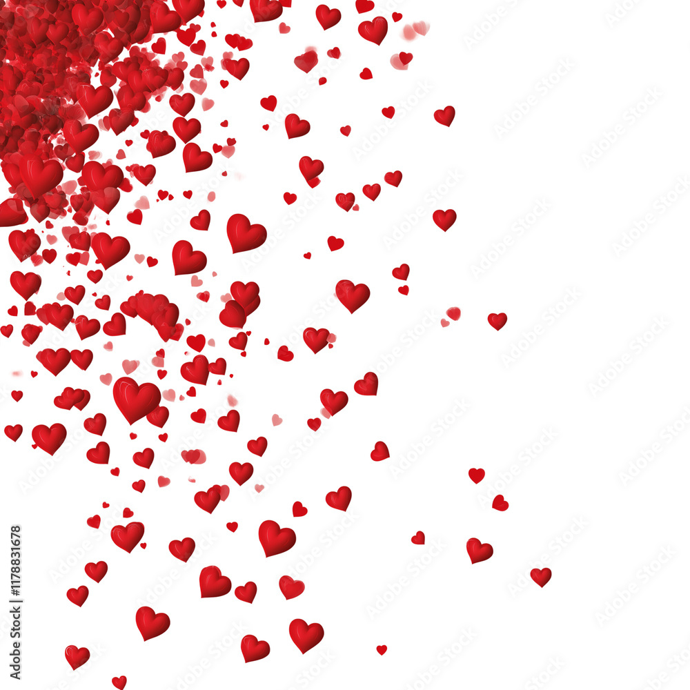  Valentine's Day confetti with red hearts on a transparent background,