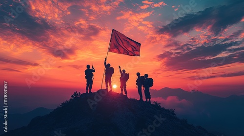 Soldiers raising a flag on a high hill, symbol of victory and sacrifice  photo