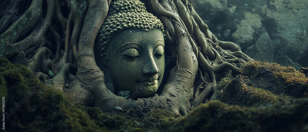 Fototapeta premium Ancient stone Buddha head emerging from tree roots, moss-covered, ethereal morning light, mystical atmosphere, high-end photography, muted green tones