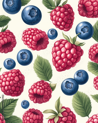 A close up of a blueberry and raspberry fruit pattern
