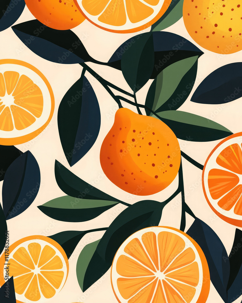A painting of oranges and leaves with a lemon in the middle A painting of oranges and leaves with a lemon in the middle
