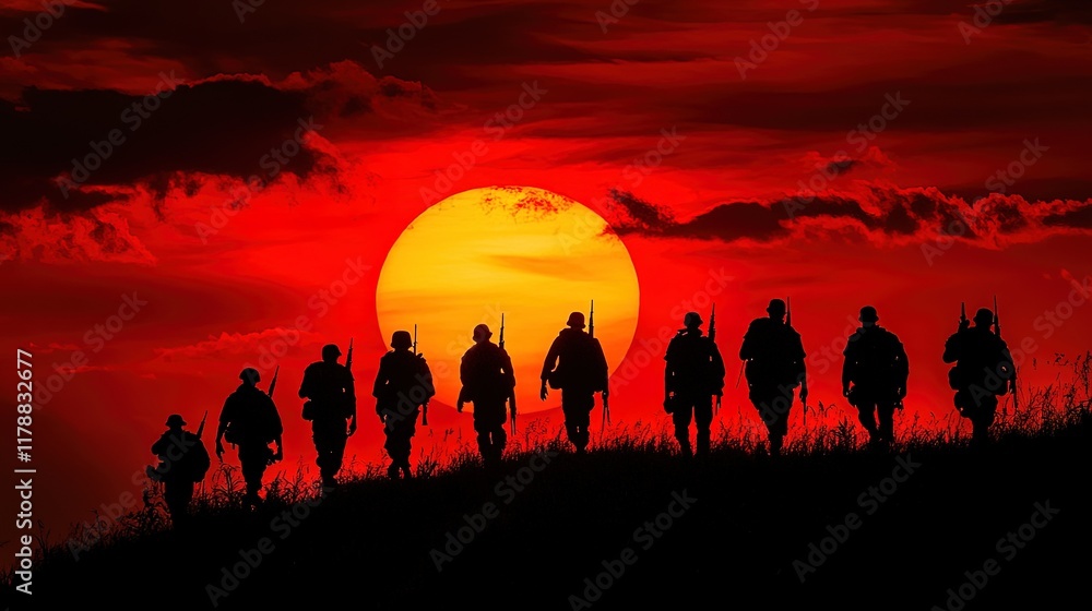 Silhouettes of soldiers on a hill against a red sunset, powerful and emotional scene Silhouettes of soldiers on a hill against a red sunset, powerful and emotional scene