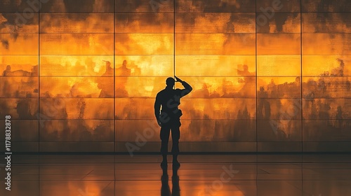 Silhouette of a soldier saluting in front of a massive war memorial, solemn and respectful   photo