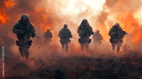 Modern military squad advancing through a smoky battlefield, gritty and intense 