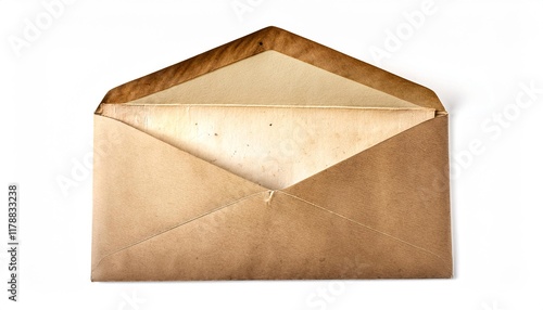 Old vintage aged open paper envelope isolated on white