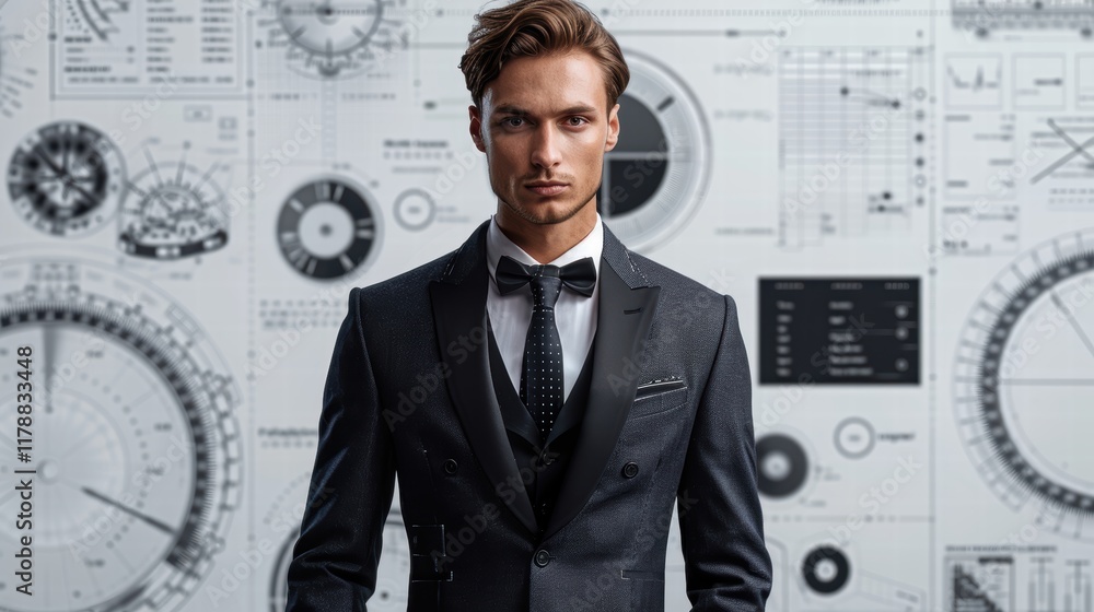 Interactive fashion design platform showing a formal suit model, measurement tools, and fitting adjustments on a white background Interactive fashion design platform showing a formal suit model, measurement tools, and fitting adjustments on a white background