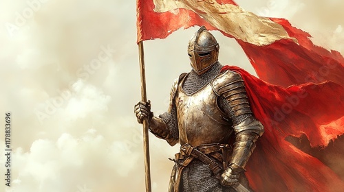 Medieval knight holding a battle standard, victorious stance with banners behind 