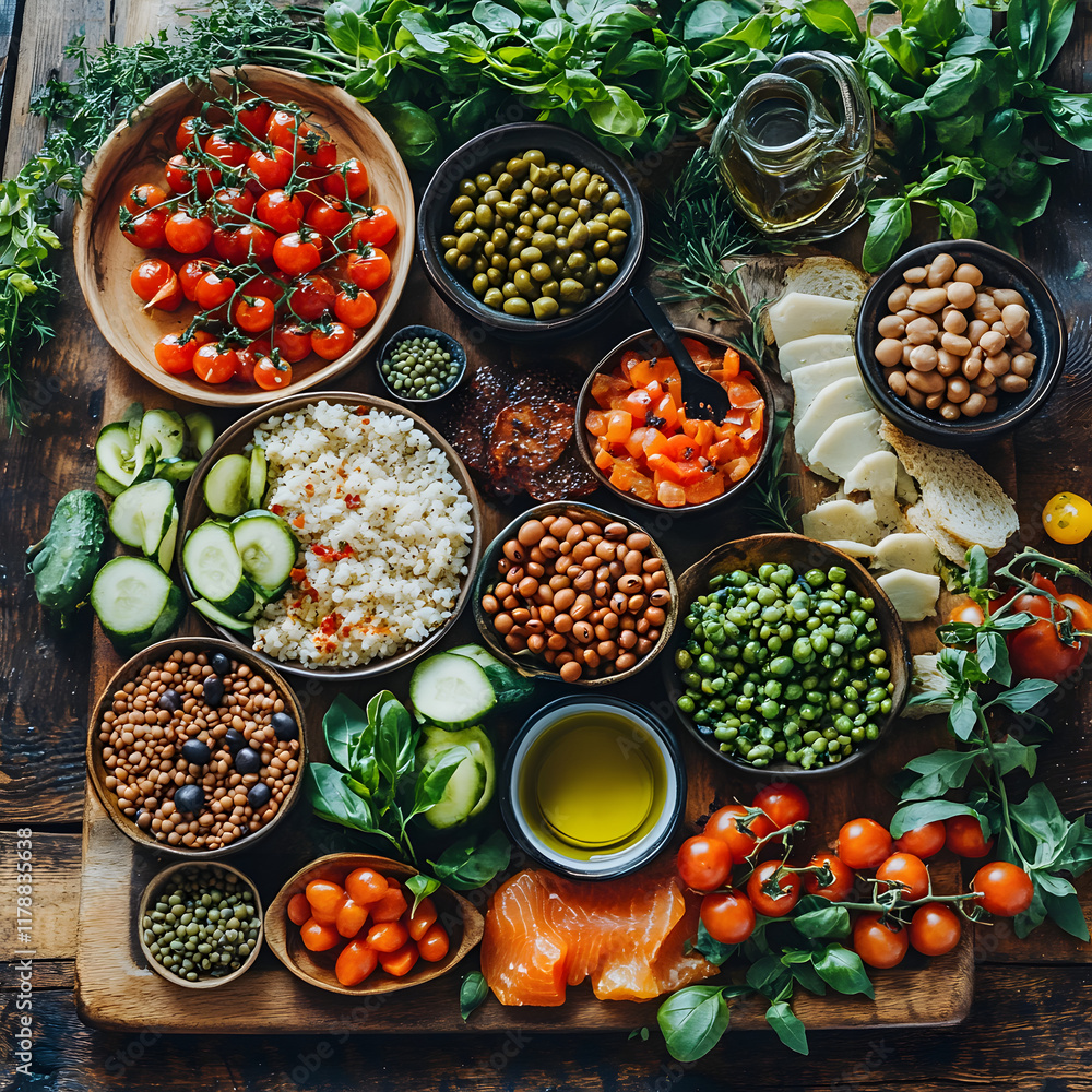 Fototapeta premium A vibrant spread of healthy Mediterranean dishes, featuring fresh vegetables, whole grains, legumes, fish, and olive oil, with a balanced flexitarian approach, set on a rustic wooden table, bright and