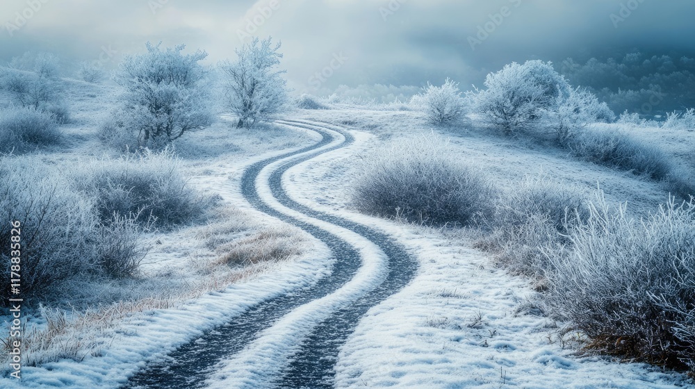 A captivating landscape of a snowy hill with a winding path, surrounded by frosted bushes and gentle snowfall. A captivating landscape of a snowy hill with a winding path, surrounded by frosted bushes and gentle snowfall.