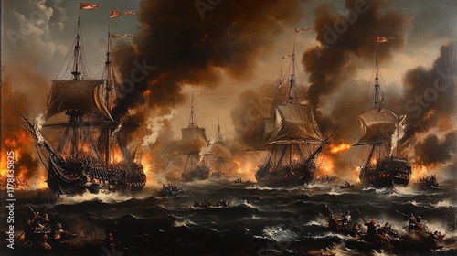 Intense naval battle scene with ships firing cannons, chaotic waves and smoke 