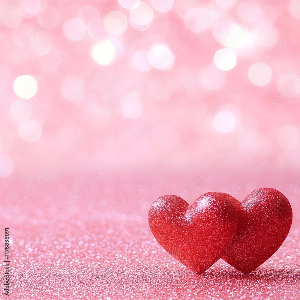 Valentine's Day background with two red hearts on a pink glitter bokeh, with copy space for text. Love concept. Valentine's theme Valentine's Day background with two red hearts on a pink glitter bokeh, with copy space for text. Love concept. Valentine's theme