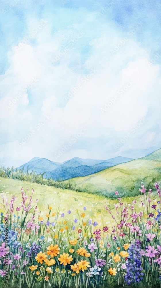 Fototapeta premium Serene watercolor painting of vibrant wildflowers in a meadow with rolling hills and a bright blue sky.
