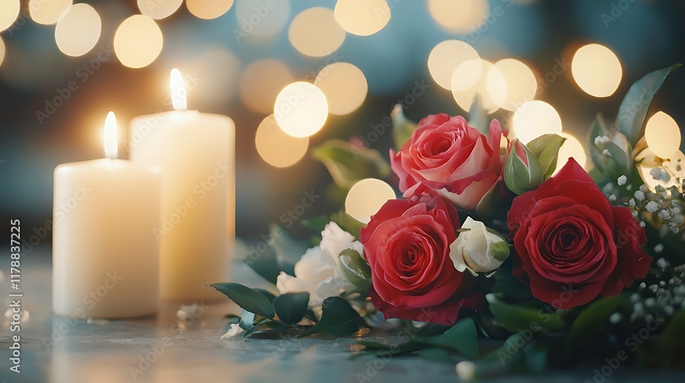Fototapeta premium Glowing red roses and flickering candles set a warm and romantic ambiance creating a cozy and inviting atmosphere perfect for intimate or relaxation