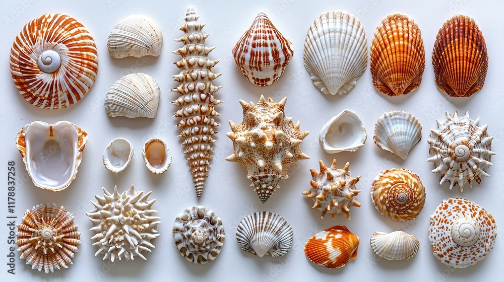 Seashells collection, arranged on white background, beach vacation souvenir, summer travel memory. Seashells collection, arranged on white background, beach vacation souvenir, summer travel memory.