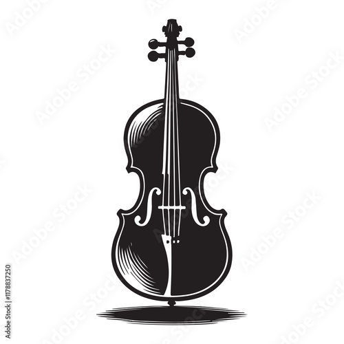 Cello Silhouette Vector Illustration, Solid White Background.