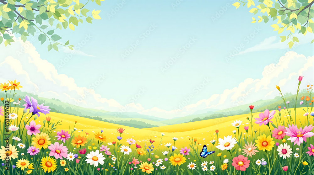 Bright, colorful cartoon illustration of a spring or summer meadow with flowers, blue sky, and green leaves. Ideal for children's themes or nature backgrounds.