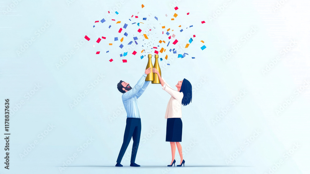 A celebratory scene featuring two people joyfully popping a champagne bottle, with colorful confetti bursting around them. A celebratory scene featuring two people joyfully popping a champagne bottle, with colorful confetti bursting around them.