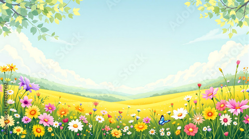 Obraz na płótnie Bright, colorful cartoon illustration of a spring or summer meadow with flowers, blue sky, and green leaves. Ideal for children's themes or nature backgrounds. w salonie