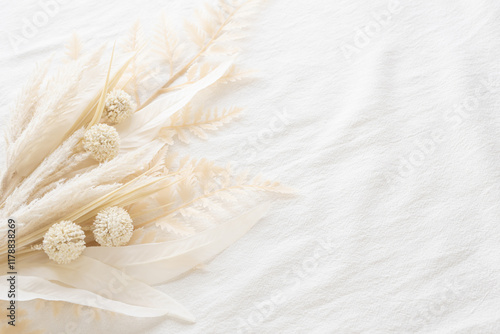 白いコットン生地に白い植物のナチュラル背景素材