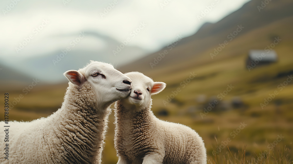 Fototapeta premium Close up of lamb nuzzling its mother in serene landscape, showcasing their wool