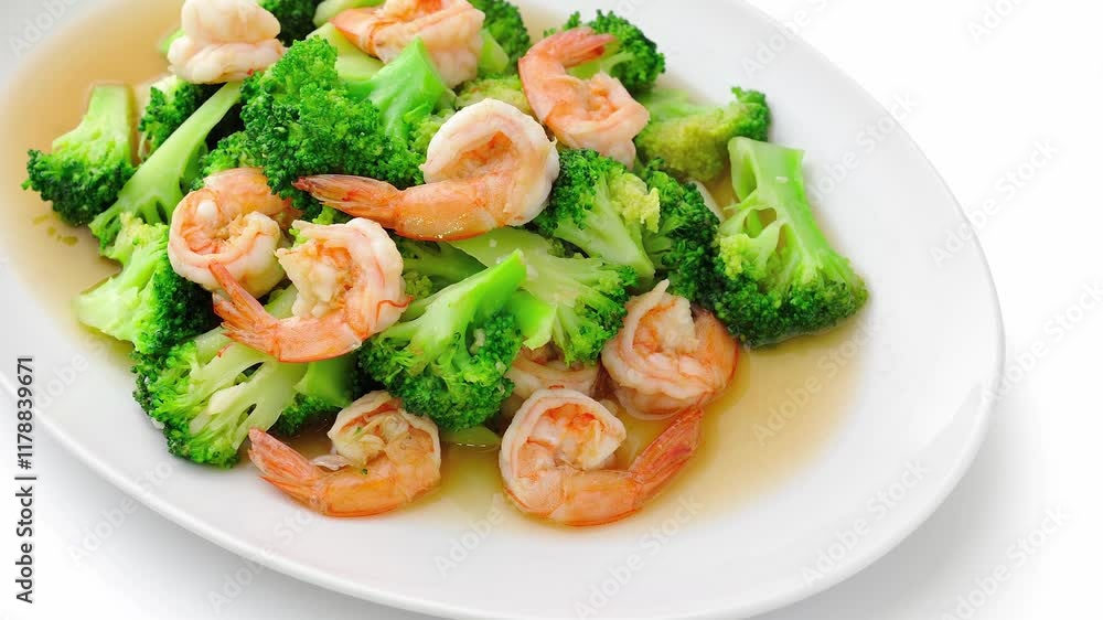 Stir-fried broccoli with shrimp on a plate on the dining table Stir-fried broccoli with shrimp on a plate on the dining table