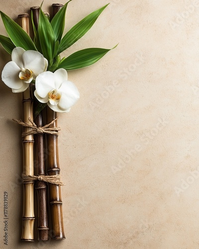 Tranquil Spa Scene Bamboo Orchids and Greenery on Beige Background photo