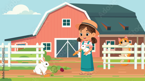 happy cute kid girl feeding cute rabbits at the farm yard vector