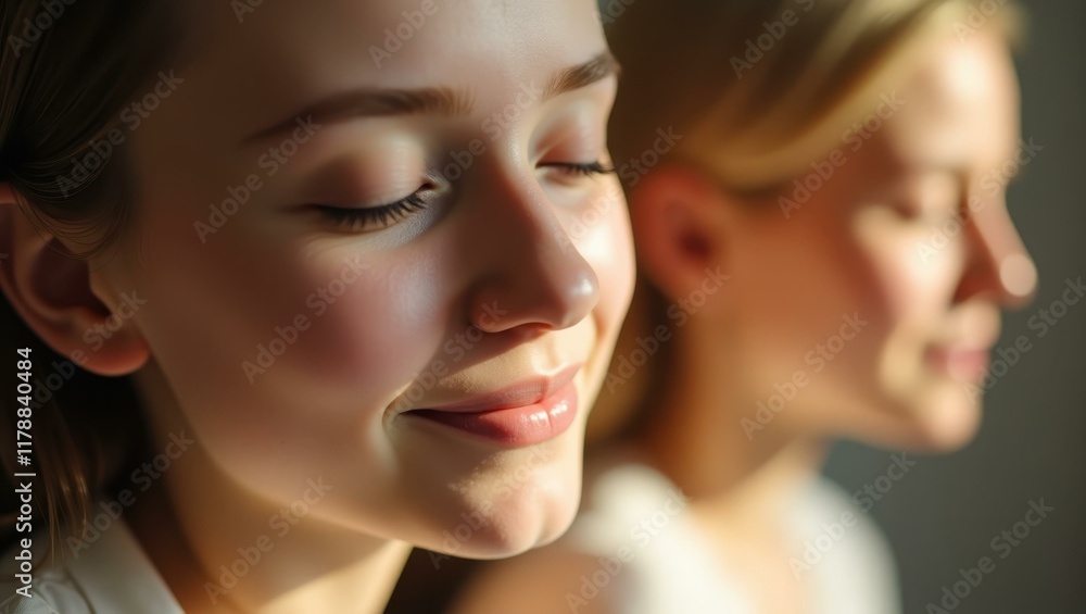 Closed eyes and peaceful smiles reflecting calm within , Professional stock photo, AI generated photograph Closed eyes and peaceful smiles reflecting calm within , Professional stock photo, AI generated photograph