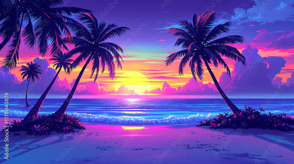 Tropical beach scene at sunset with palm tree silhouettes and vibrant, neon colors. Ideal for travel, vacation, summer, or retro/synthwave themes.