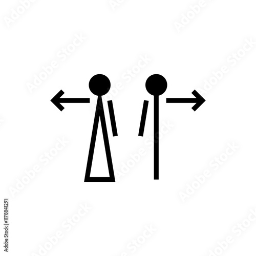 Icon and symbol with man and woman with arrow pointer for wc or toilet. Male and female sign. Isolated vector illustration on white background.