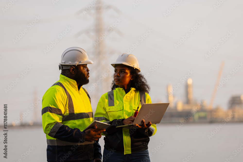 Fototapeta premium Two professionals in high-visibility jackets and hard hats stand in front of a power plant. One is holding a laptop, while the other is observing the facility,reflecting a focus on energy and industry