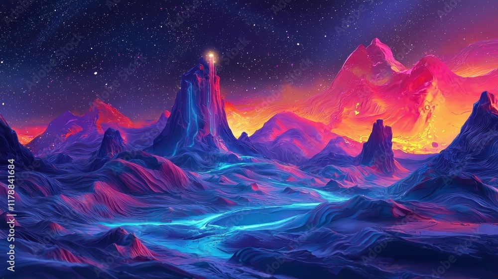 Fototapeta premium Surreal Nightscape: Vibrant Mountains under Starry Sky