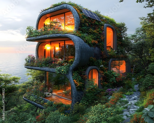 A vibrant virtual tour of an eco-friendly futuristic home with solar panels, lush vertical gardens, and soft sunset lighting. Ideal for promoting sustainable living and renewable energy projects. photo