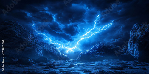 A breathtaking night scene with dramatic lightning illuminating a dark, rocky landscape.