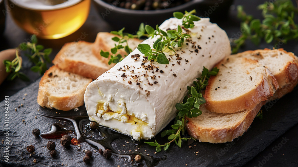 Rulo de queso de cabra con hierbas frescas, pimienta y miel, acompañado de rebanadas de pan sobre una tabla rústica de pizarra Rulo de queso de cabra con hierbas frescas, pimienta y miel, acompañado de rebanadas de pan sobre una tabla rústica de pizarra
