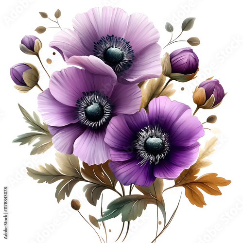 Nature, flowers, clipart watercolor painting of flower, symmetrical pattern, botanical print on white background, vintage style.QW-0856