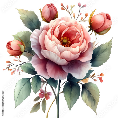 Nature, flowers, clipart watercolor painting of flower, symmetrical pattern, botanical print on white background, vintage style.QW-0855