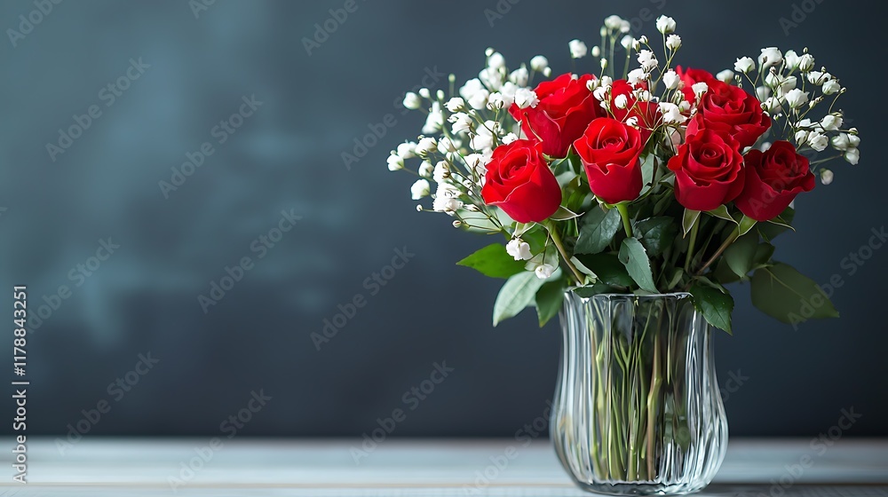 Naklejka premium Stunning bouquet of vibrant red roses and delicate white baby s breath flowers arranged elegantly in a clear glass vase The floral arrangement showcases the contrast between the rich